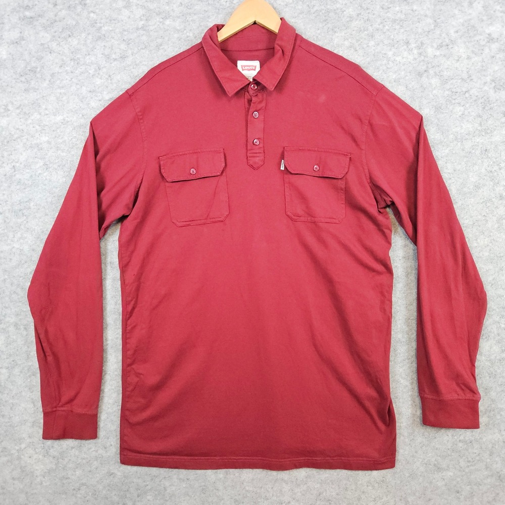 Levi's Men's Burgundy‎ Long Sleeve Pocket Polo Shirt Size XL 100% Cotton SPOTS